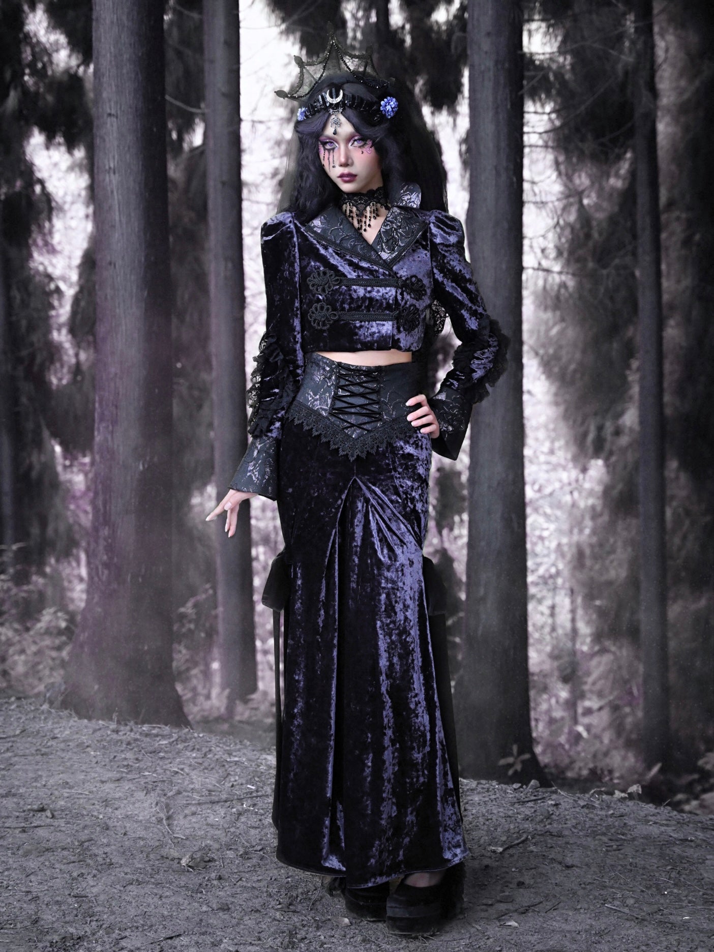 Gothic Velvet Lace-Up Lace Mermaid Long-Skirt