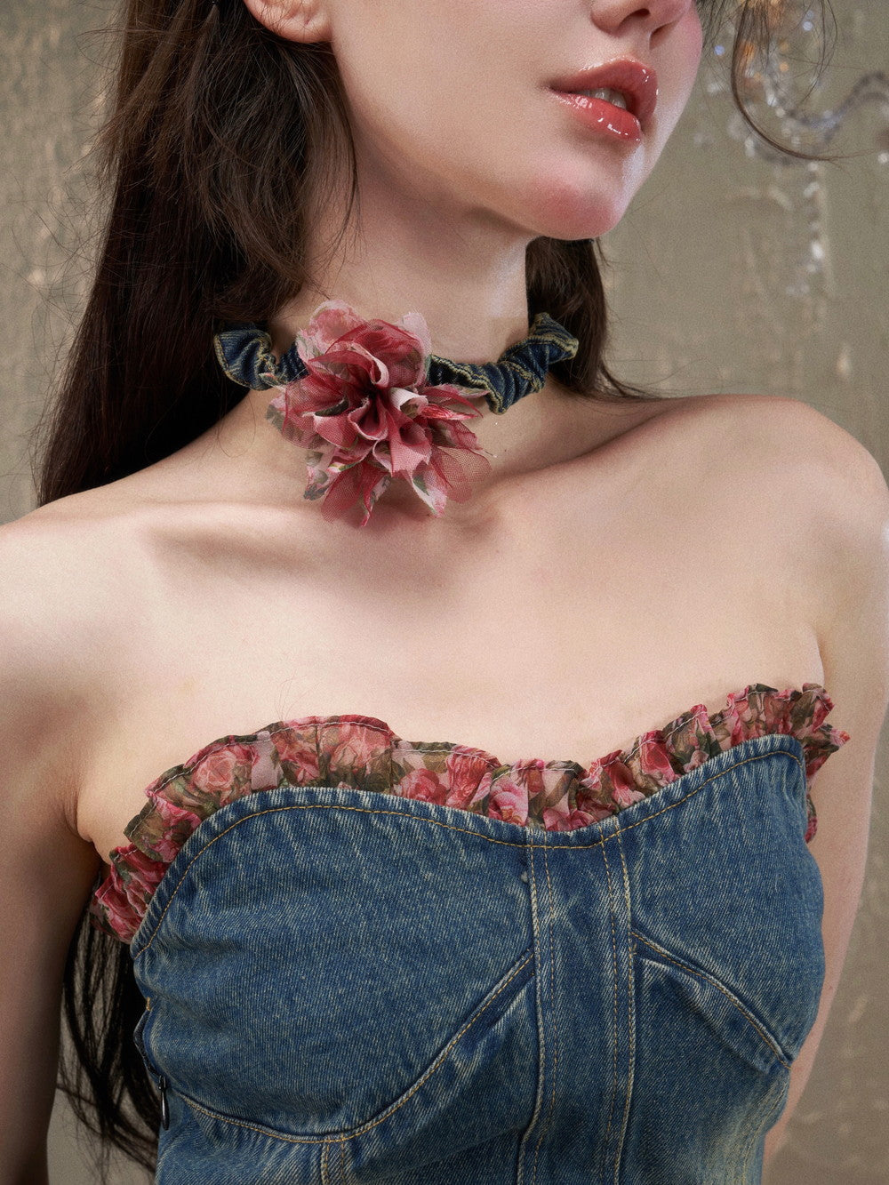 Denim Bare-Top Flower Asymmetry Coffon One-Piece