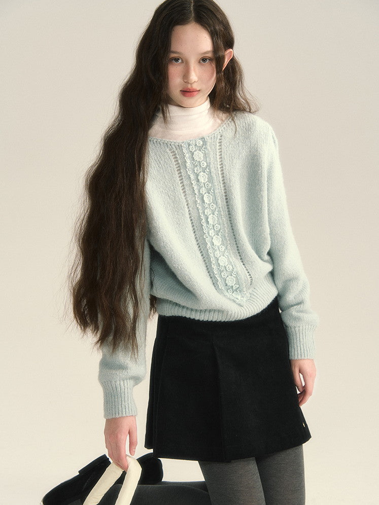 Pale-Tone Crew-Neck Flower Retro Sweet Knit