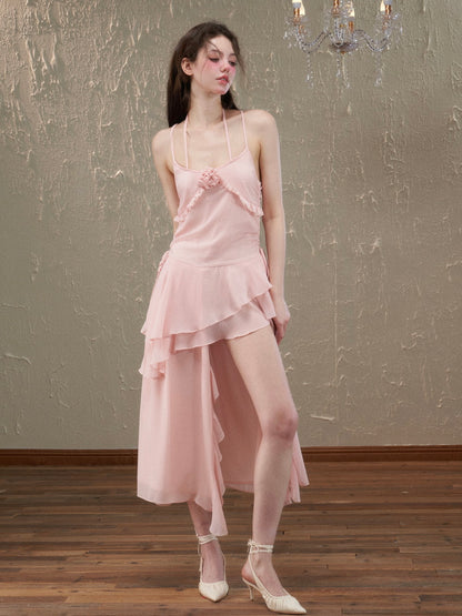 Asymmetry Ciffon Tiered Feminine Rose Long-One-Piece