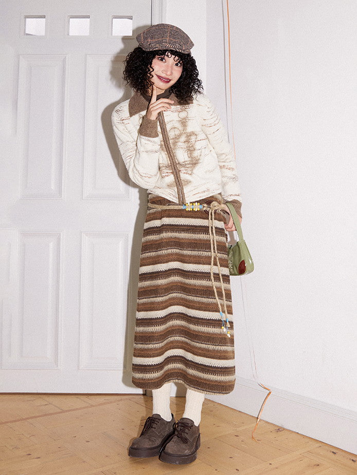 Border Knit Stretch Relax Retro Casual Long-Skirt