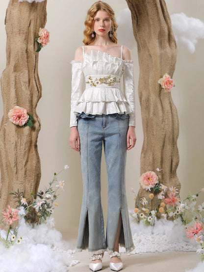 Tiered Pleats Embroidery Frill Blouse