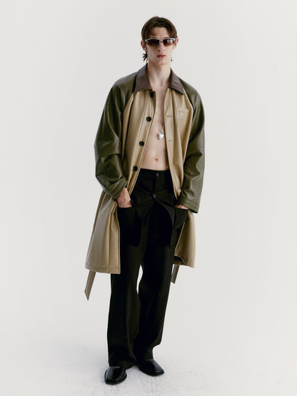 Unisex Leather Contrast Oversize Long-Coat