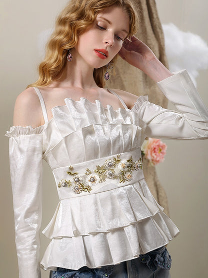 Tiered Pleats Embroidery Frill Blouse