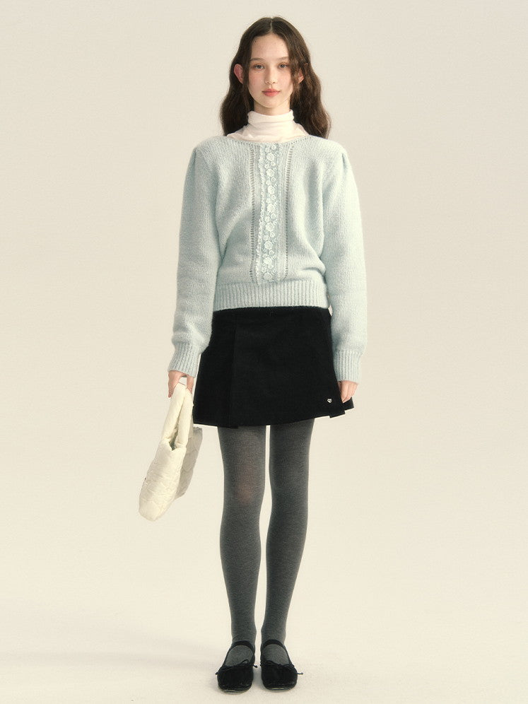 Pale-Tone Crew-Neck Flower Retro Sweet Knit