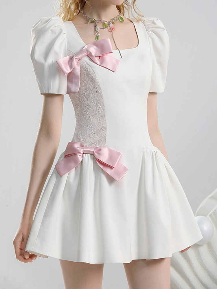 Puff-Sleeve Ribbon Cute Fluffily Square-Neck Short One-Piece