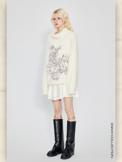 Off-Turtle Mohair Oversize Graphic Retro Knit