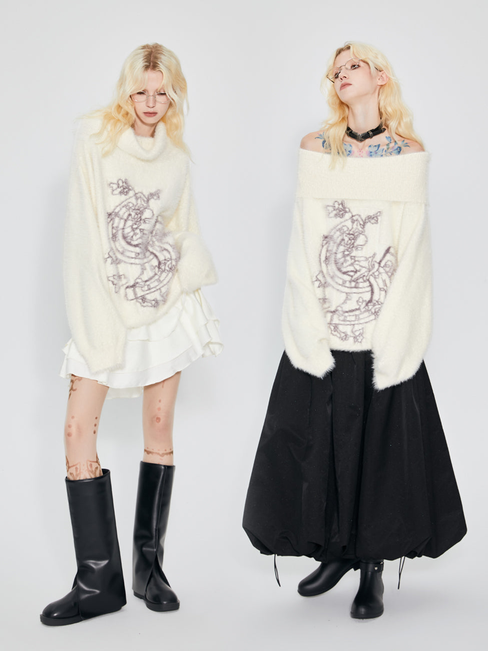 Off-Turtle Mohair Oversize Graphic Retro Knit