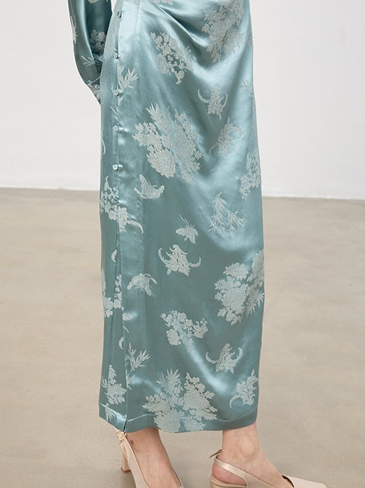 China Embroidery Flower Drape Satin Long One-Piece