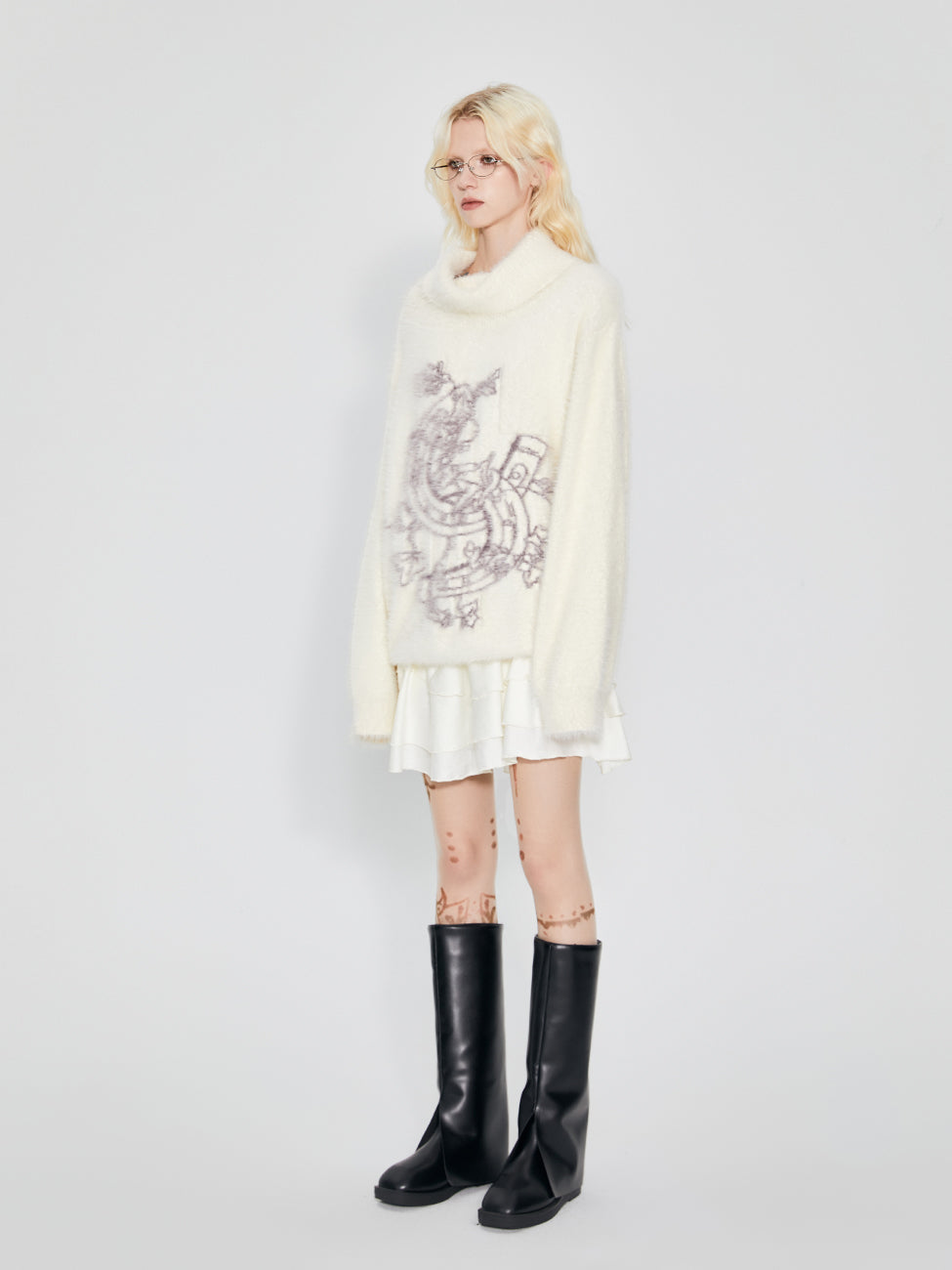 Off-Turtle Mohair Oversize Graphic Retro Knit