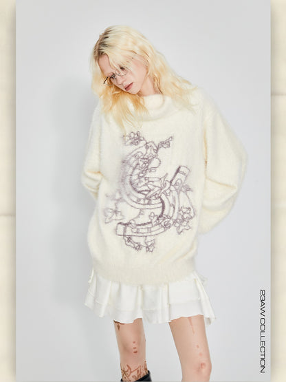 Off-Turtle Mohair Oversize Graphic Retro Knit