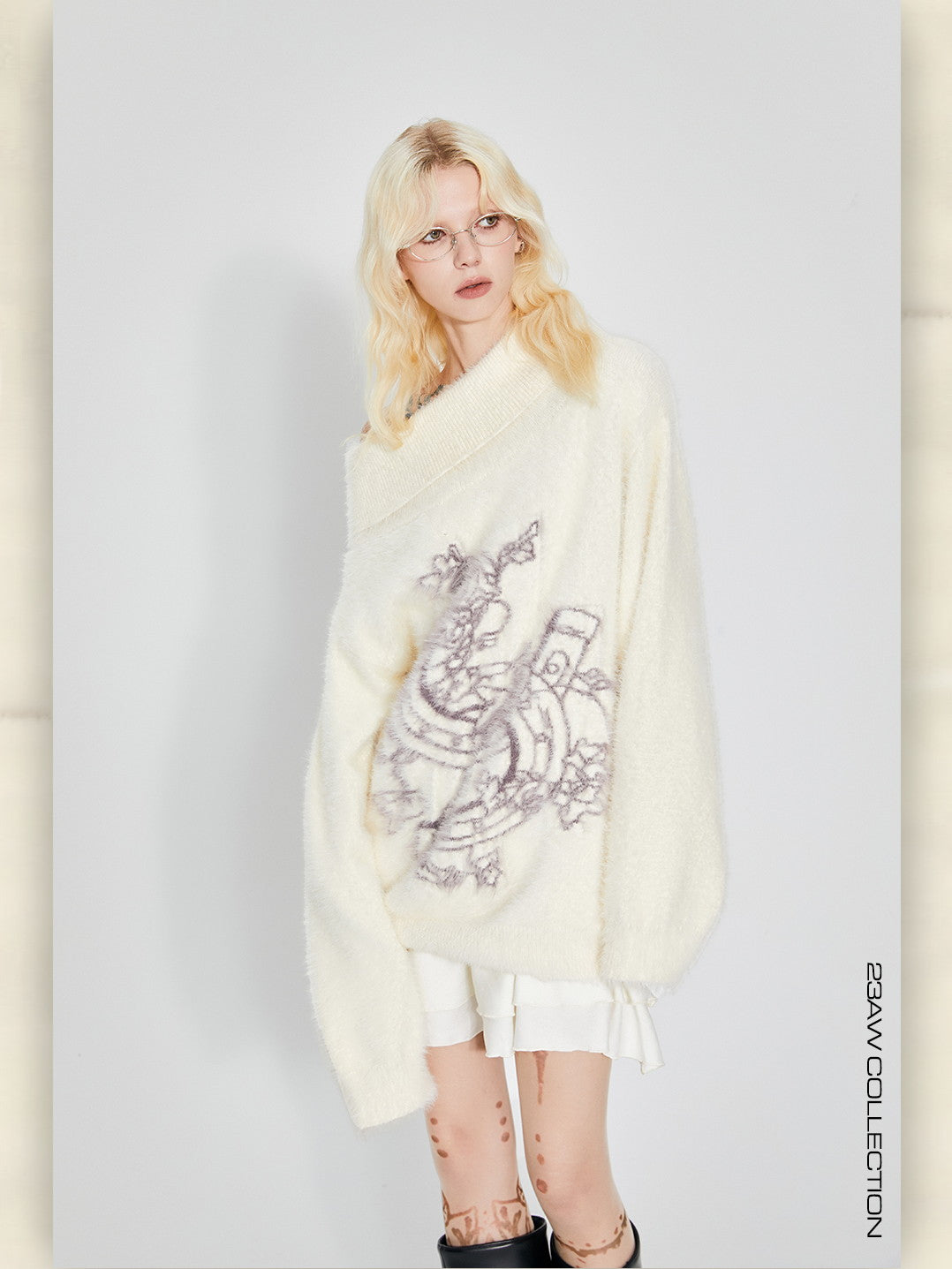 Off-Turtle Mohair Oversize Graphic Retro Knit