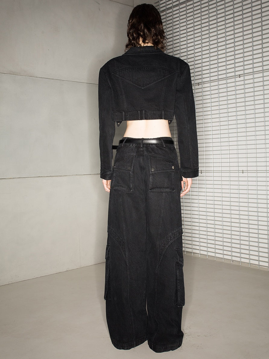 캐주얼 한 느슨한 Zip-Pocket Wide-Pants Denim-Pants