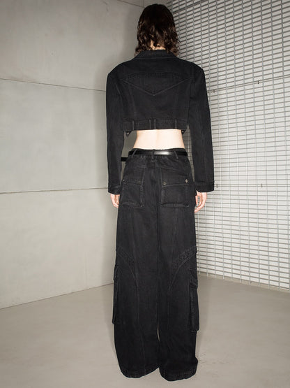 캐주얼 한 느슨한 Zip-Pocket Wide-Pants Denim-Pants