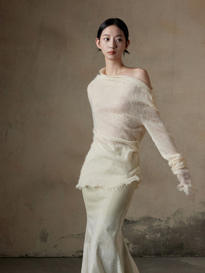 Thin Asymmetry One-Shoulder Soft Mohair-Knit