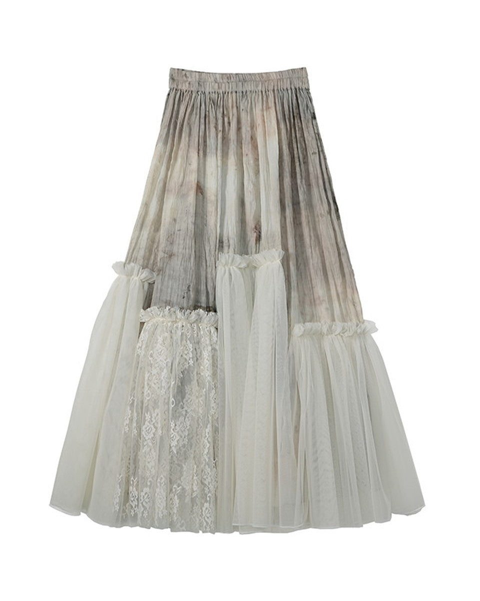 Set-Up Retro Tiered Lace Tulle Tie-Dye Blouse＆Long-Skirt