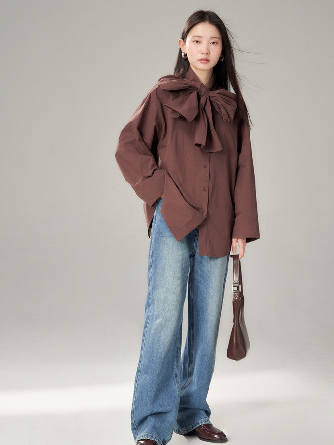 Long-Tie-Bluse Plain Oovresize Nichi Shirt