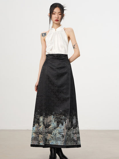 China American-Sleeve Embroidery Chic High-End Blouse＆Long-Skirt