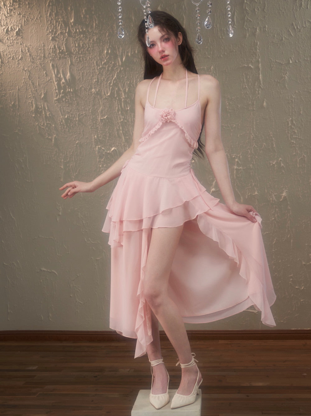 Asymmetry Ciffon Tiered Feminine Rose Long-One-Piece