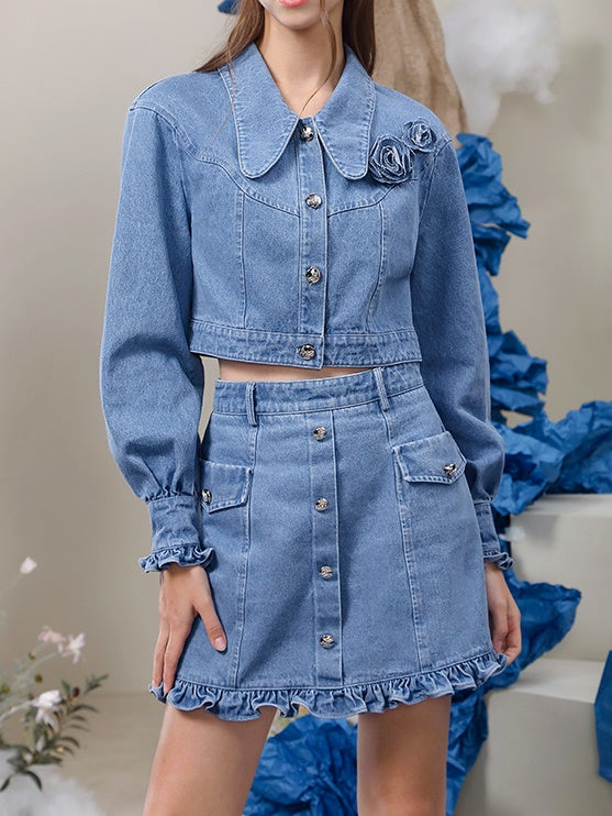 Blouse＆Mini-Skirt Denim Casual Frill Flower Set-Up