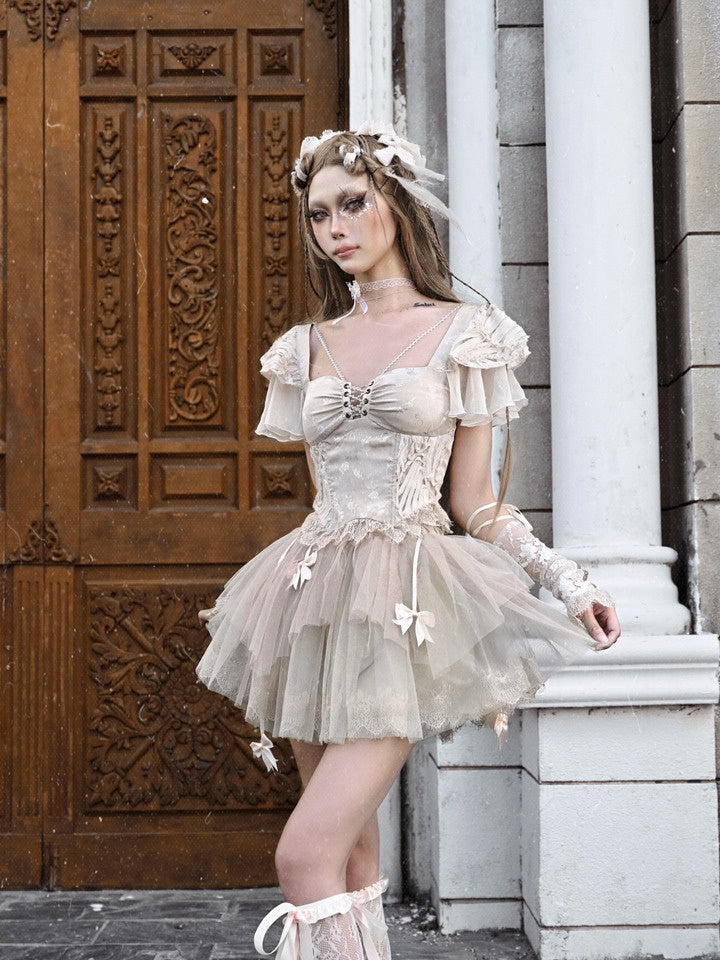 Ribbon Tulle Lace Tiered Fluffily Mini-Skirt