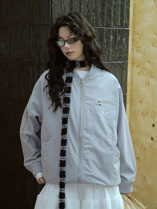 Chic No-Collar Retro Dragon Stickerei Blouson