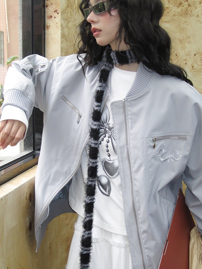 Chic No-Collar Retro Dragon Embroidery Blouson