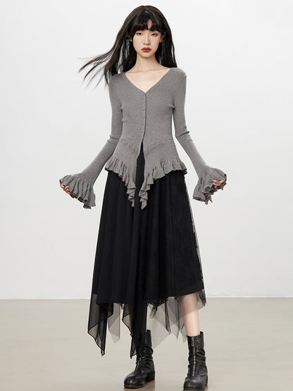 Flare-Sleeve Asymmetry Fril Ruffle V-Neck Slim Knit