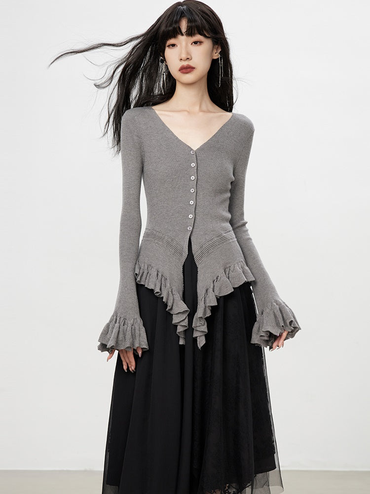 Flare-Sleeve Asymmetry Fril Ruffle V-Neck Slim Knit