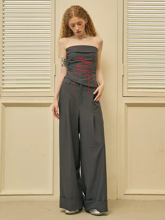 Tassel Letter Embroidery Bare-top &amp; Wide-Leg Pants