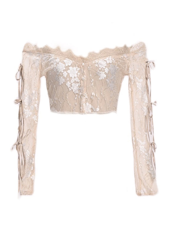 Gothic Lace Embroidery Ribbon Off-Shoulder Sheer Blouse