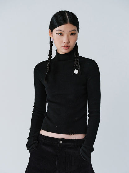 High-Neck Slim Plain Flower-Embroidery Knit