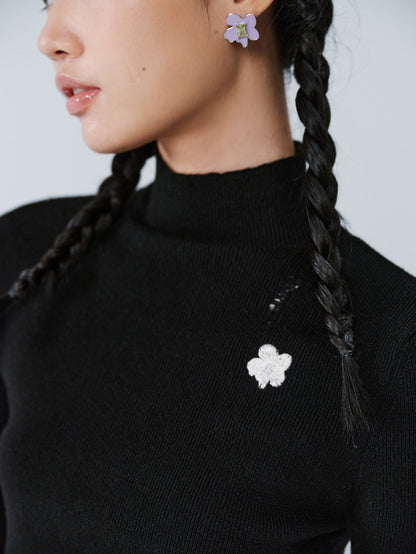 High-Neck Slim Plain Flower-Embroidery Knit