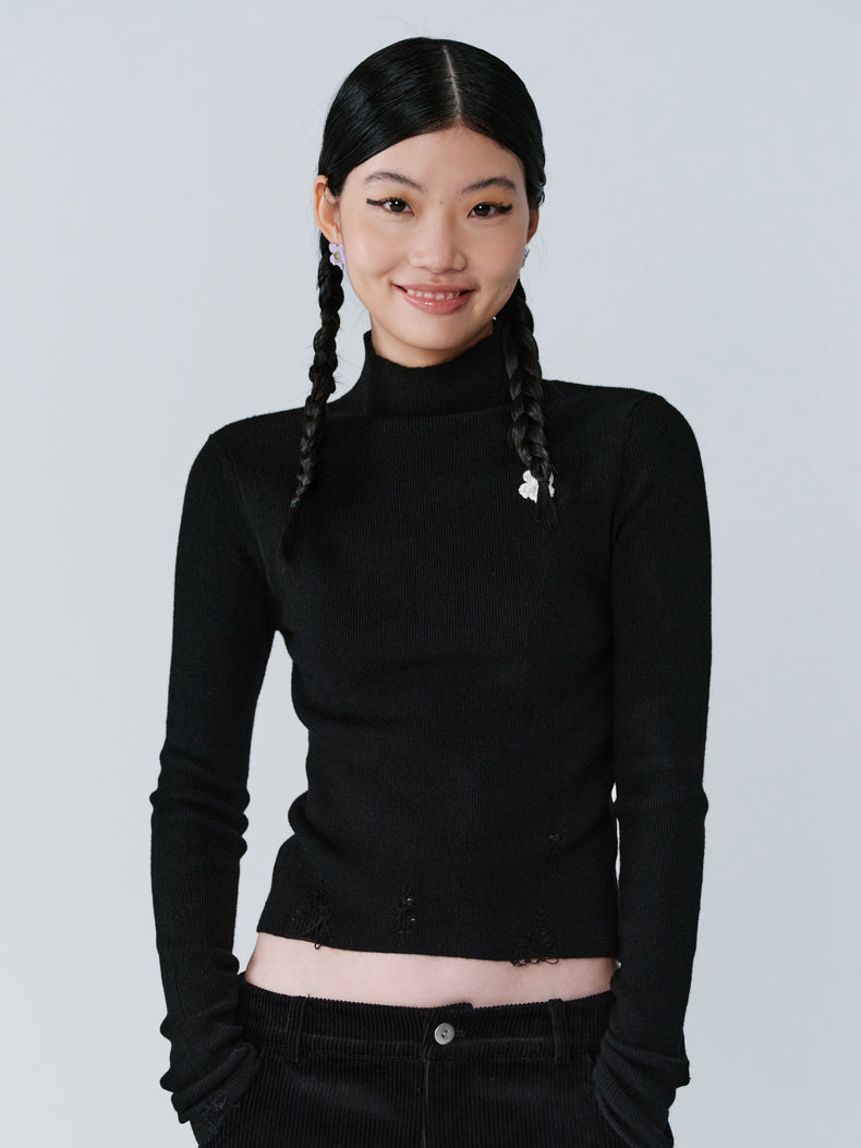 High-Neck Slim Plain Flower-Embroidery Knit