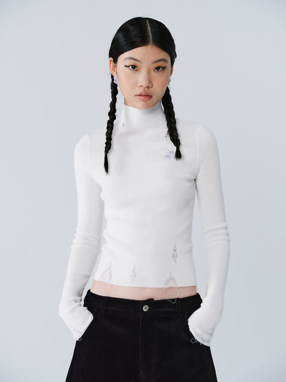 High-Neck Slim Plain Flower-Embroidery Knit