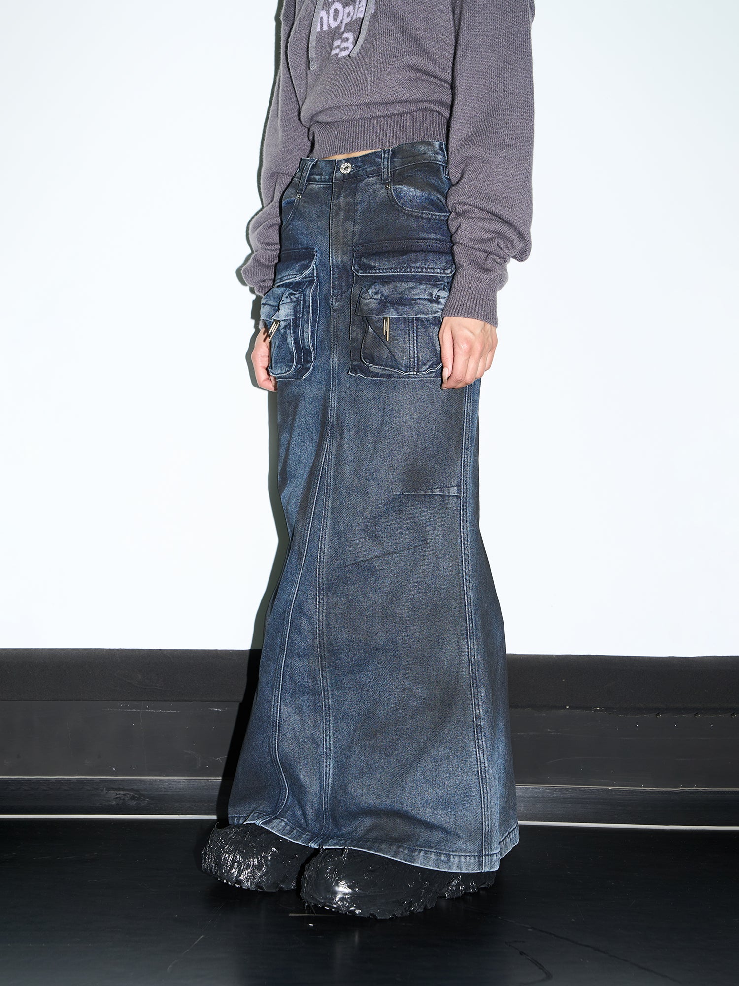 Denim Pocket Casual Faded Long-Skirt