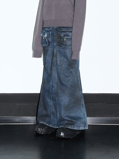 Denim Pocket Casual Faded Long-Skirt