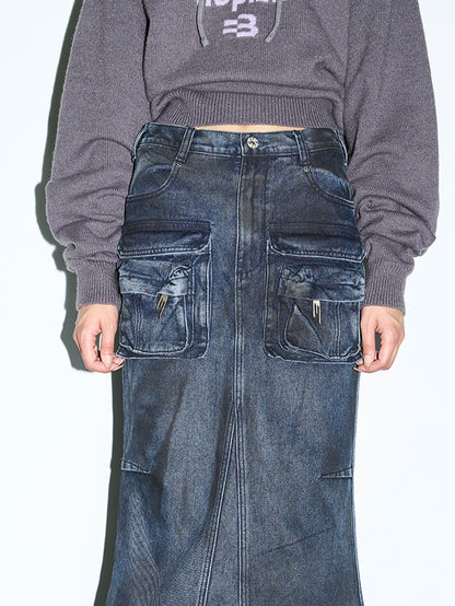 Denim Pocket Casual Faded Long-Skirt