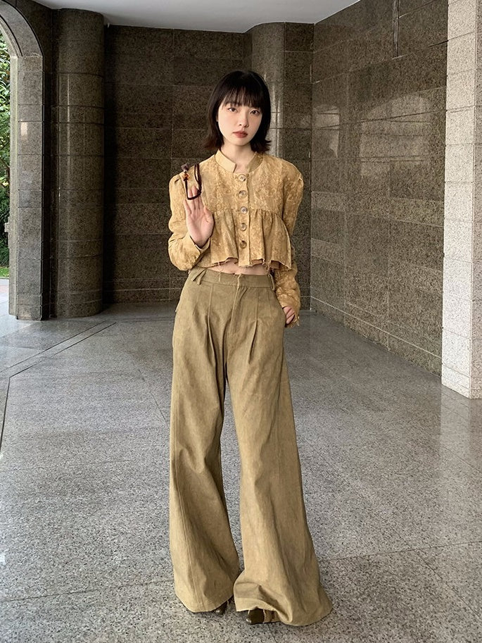 High-Waist Natural Loose Plain Wide-Pants