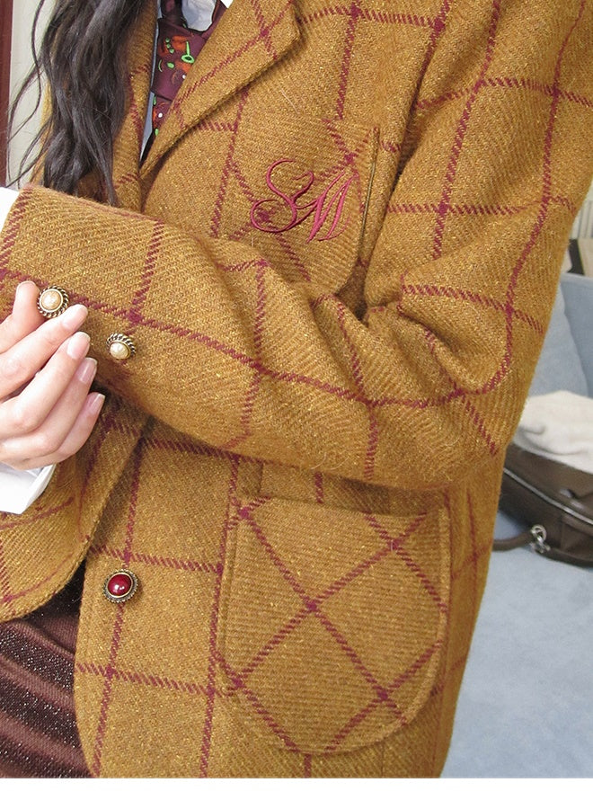 Checked Wool Retro College Middle-Coat