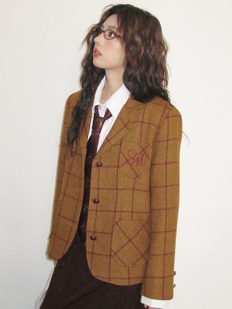 Checked Wool Retro College Middle-Coat