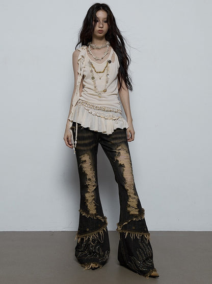 Denim Crash Damage Bijou Rhinestone Tassel Flare-Pants