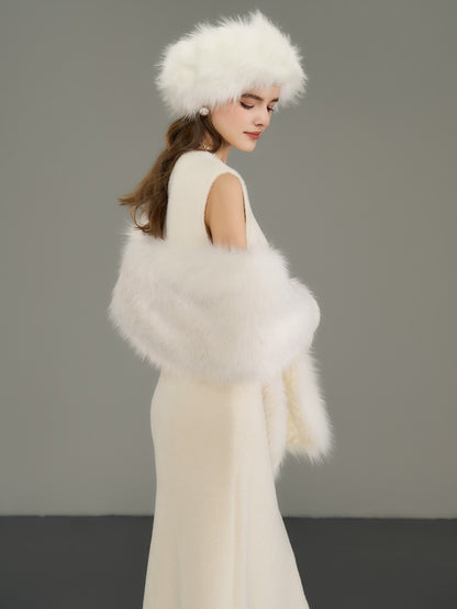 Fur Boa Knit Sleeveless Elegant Long One-Piece