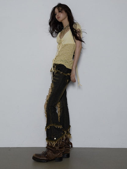 Denim Crash Damage Bijou Rhinestone Tassel Flare-Pants