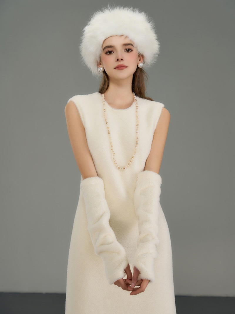 Fur Boa Knit Sleeveless Elegant Long One-Piece