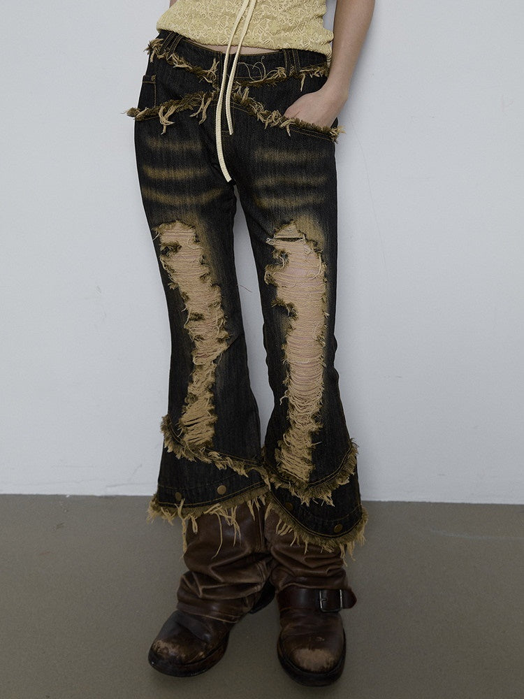 Denim Crash Damage Bijou Rhinestone Tassel Flare-Pants