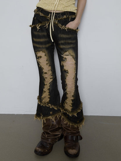 Denim Crash Damage Bijou Rhinestone Tassel Flare-Pants