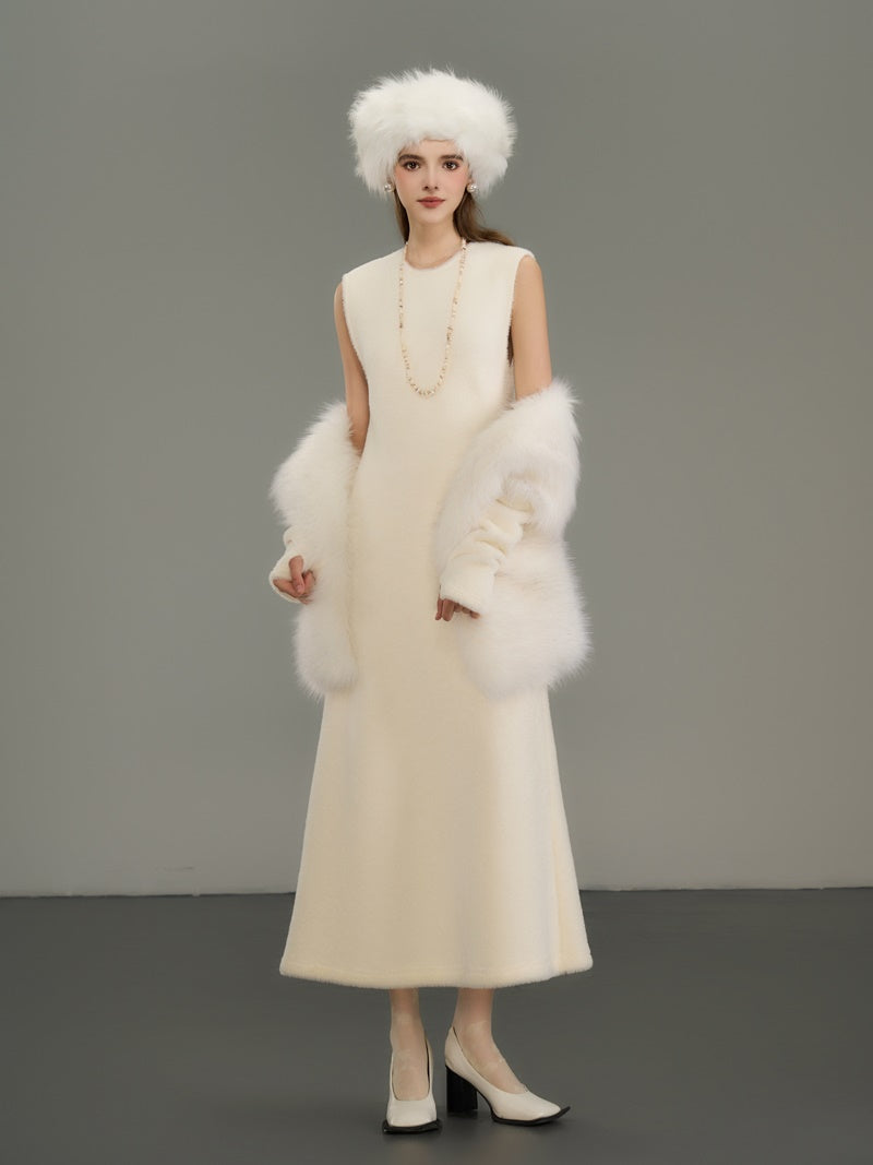 Fur Boa Knit Sleeveless Elegant Long One-Piece