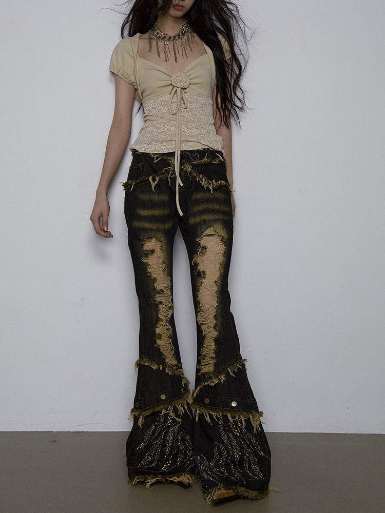 Denim Crash Damage Bijou Rhinestone Tassel Flare-Pants