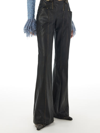 Flare Zip Belt Cool Patchwork Letaher-Pants